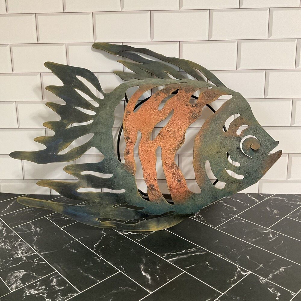 Vintage Cut Out Metal Multi Color Fish Tealight Holder 19in by 16in